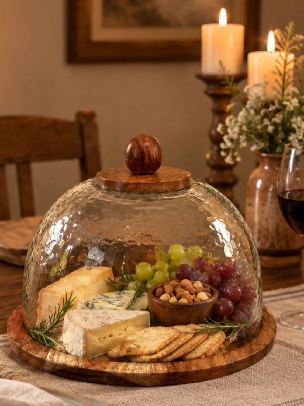 Wood & Hammered Glass Dome Cake Stand with Knob - Round Cloche Natural Brown 11”